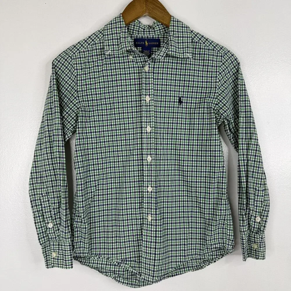 Ralph Lauren Shirt Boys Medium 10-12 Green Blue Gingham Button Down Long Sleeve
